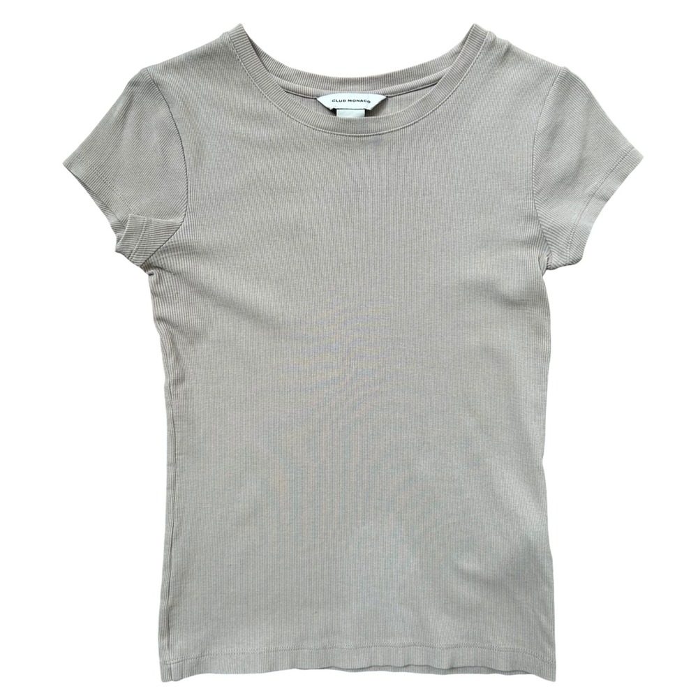 Club Monaco Womens Ribbed Knit Short Sleeve T-Shirt Taupe Grey XS Slim Fit Tee
